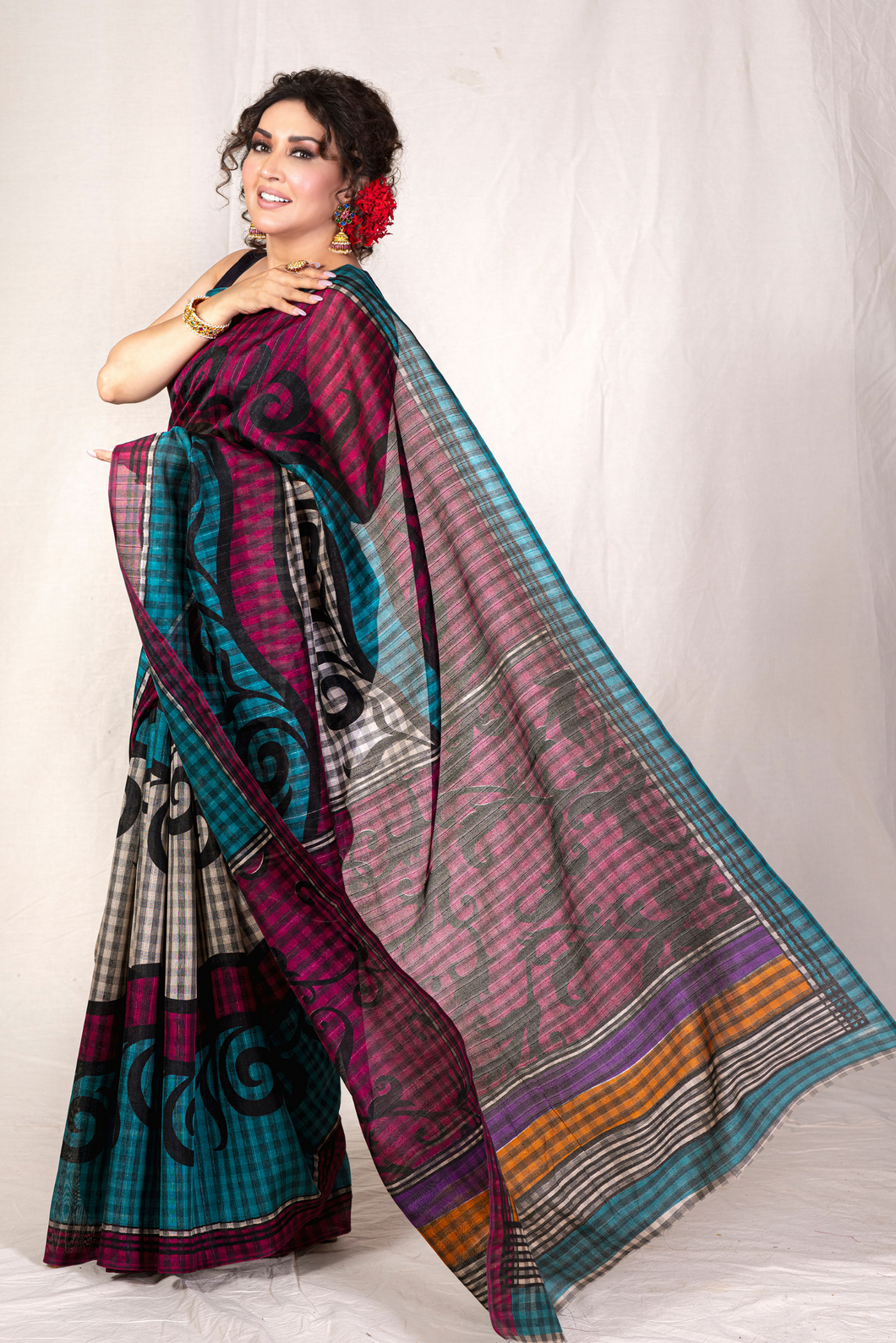 Noor Cottons | Abstract Magenta Sari